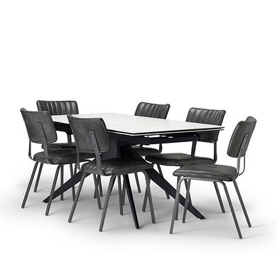 Trento White Ceramic Extending Dining Table + 6 Mason Chairs Vintage Black Leather-Look fabric with Black Legs