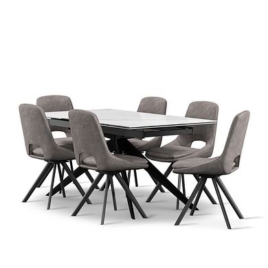 Trento White Ceramic Extending Dining Table + 6 Nico Swivel Dining Chairs in Dark Grey with Black Metal Legs