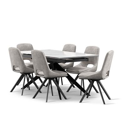 Trento White Ceramic Extending Dining Table + 6 Nico Swivel Dining Chairs in Light Grey with Black Metal Legs