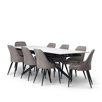 Trento White Ceramic Extending Dining Table + 8 Aria Dining Chairs in Dark Grey with Black Metal Legs