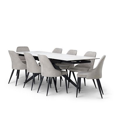 Trento White Ceramic Extending Dining Table + 8 Aria Dining Chairs in Light Grey with Black Metal Legs