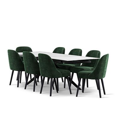 Trento White Ceramic Extending Dining Table + 8 Bette Chairs with Black Legs in Heritage Bottle Green Velvet