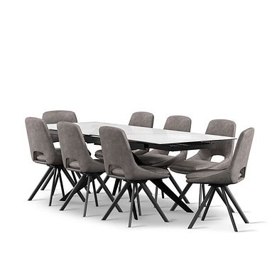 Trento White Ceramic Extending Dining Table + 8 Nico Swivel Dining Chairs in Dark Grey with Black Metal Legs