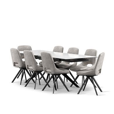 Trento White Ceramic Extending Dining Table + 8 Nico Swivel Dining Chairs in Light Grey with Black Metal Legs