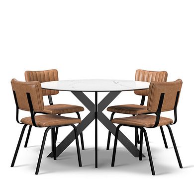 Venice White Ceramic Round Dining Table + 4 Mason Chairs Vintage Tan Leather-Look fabric with Black Legs