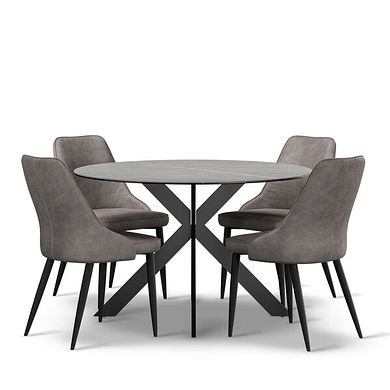 Venice Grey Ceramic Round Dining Table + 4 Aria Dining Chairs in Dark Grey with Black Metal Legs