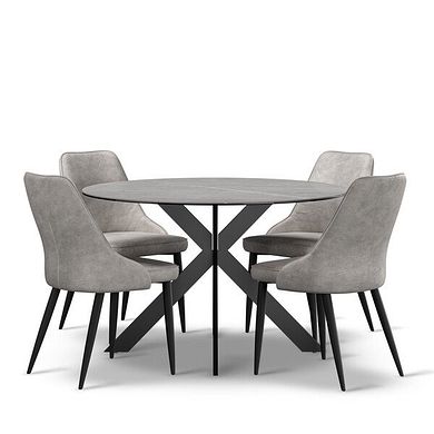 Venice Grey Ceramic Round Dining Table + 4 Aria Dining Chairs in Light Grey with Black Metal Legs