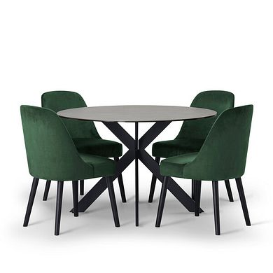 Venice Grey Ceramic Round Dining Table + 4 Bette Chair with Black Legs in Heritage Bottle Green Velvet