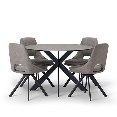 Venice Grey Ceramic Round Dining Table + 4 Nico Swivel Dining Chairs in Dark Grey with Black Metal Legs