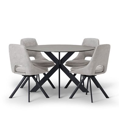 Venice Grey Ceramic Round Dining Table + 4 Nico Swivel Dining Chairs in Light Grey with Black Metal Legs