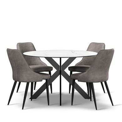 Venice White Ceramic Round Dining Table + 4 Aria Dining Chairs in Dark Grey with Black Metal Legs