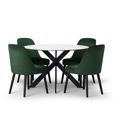 Venice White Ceramic Round Dining Table + 4 Bette Chairs with Black Legs in Heritage Bottle Green Velvet