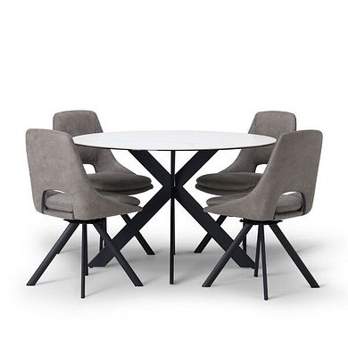 Venice White Ceramic Round Dining Table + 4 Nico Swivel Dining Chairs in Dark Grey with Black Metal Legs