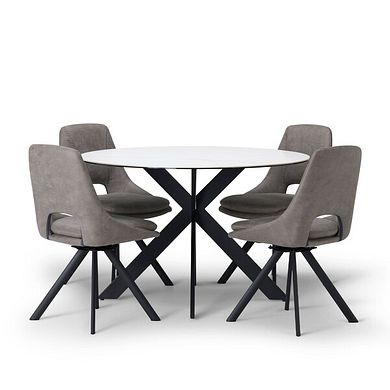 Venice White Ceramic Round Dining Table + 4 Nico Swivel Dining Chairs in Dark Grey with Black Metal Legs