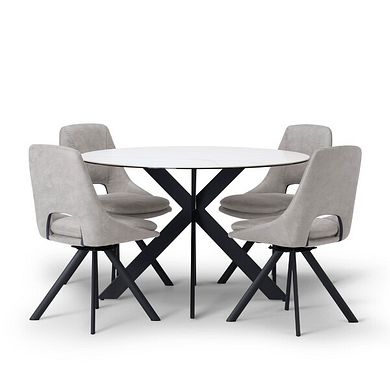 Venice White Ceramic Round Dining Table + 4 Nico Swivel Dining Chairs in Light Grey with Black Metal Legs