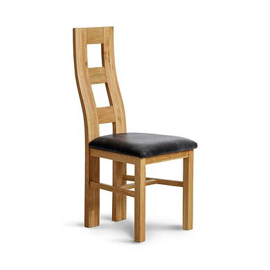 Wave Back Natural Solid Oak Chair with Vintage Black Leather Look Fabric Seat