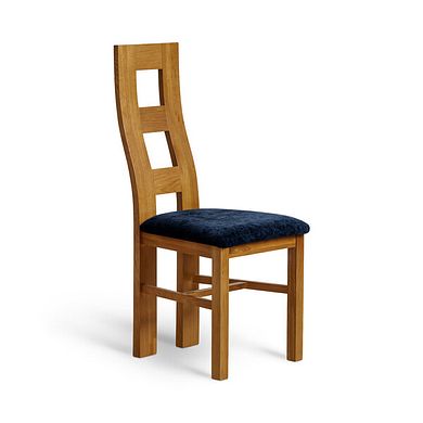 Wave Back Rustic Solid Oak Chair with Brooklyn Hummingbird Blue Crushed Chenille Seat