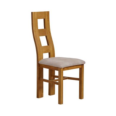 Wave Back Rustic Solid Oak Chair with Dappled Beige Fabric Seat