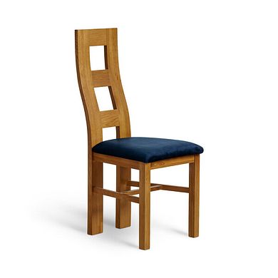 Wave Back Rustic Solid Oak Chair with Heritage Royal Blue Velvet Seat