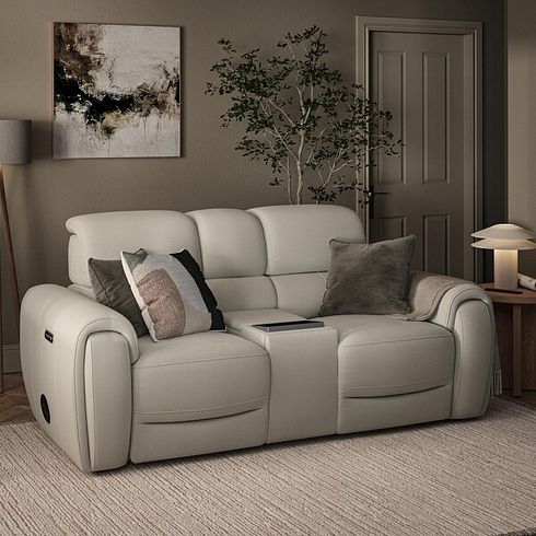 Arabella 2 Seater Recliner Console Sofa with Smart Screen in Bone China Leather