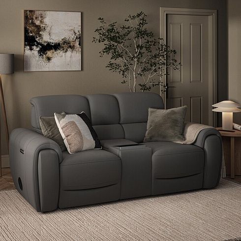 Arabella 2 Seater Recliner Console Sofa with Smart Screen in Elephant Grey Leather