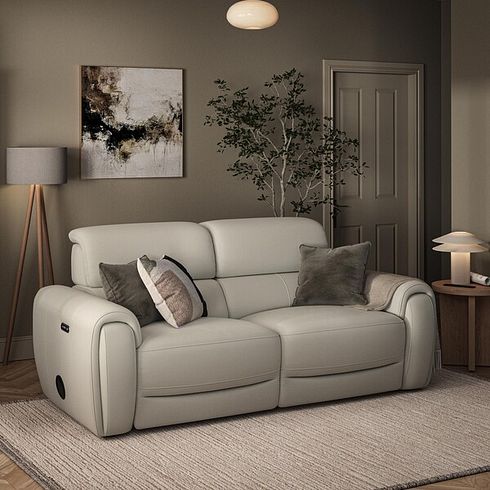 Arabella 3 Seater Power Recliner Sofa with Power Headrest and Speakers in Bone China Leather