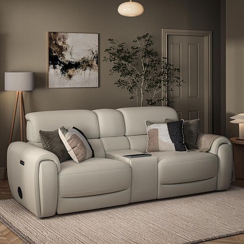 Arabella 3 Seater Recliner Console Sofa with Smart Screen in Bone China Leather