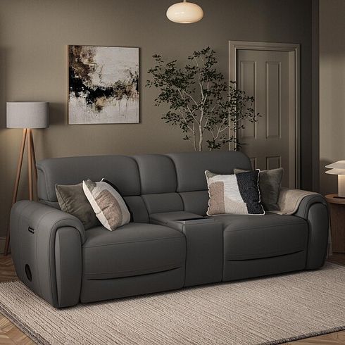 Arabella 3 Seater Recliner Console Sofa with Smart Screen in Elephant Grey Leather