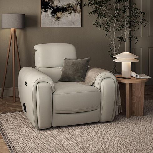 Arabella Power Recliner Armchair with Power Headrest and Speakers in Bone China Leather