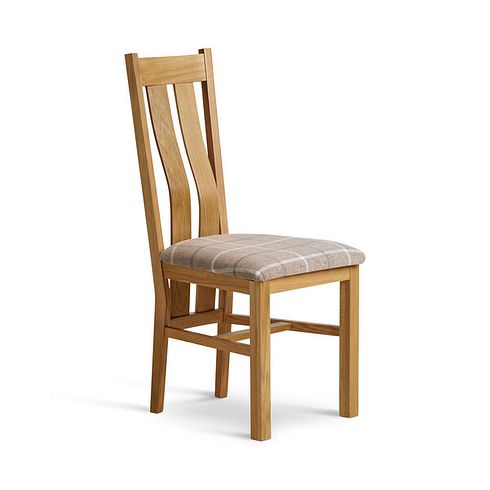 Arched Back Natural Solid Oak Chair with Checked Beige Fabric Seat