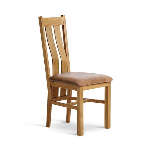 Arched Back Natural Solid Oak Chair with Vintage Tan Leather Look Fabric Seat
