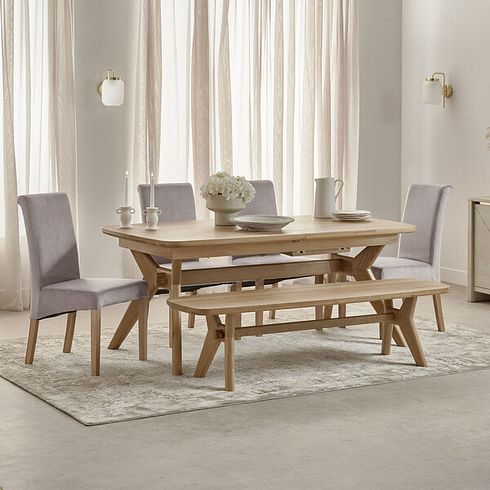 Bentley Natural Oak Extending Dining Table + 1 Bentley Bench and 4 Scroll Back Heritage Mink Chairs
