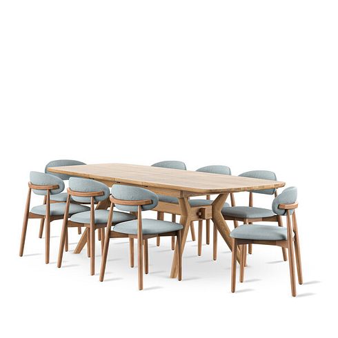 Bentley Natural Oak Extending Dining Table + 8 Otis Chairs Cloud Grey with Oak Legs  
