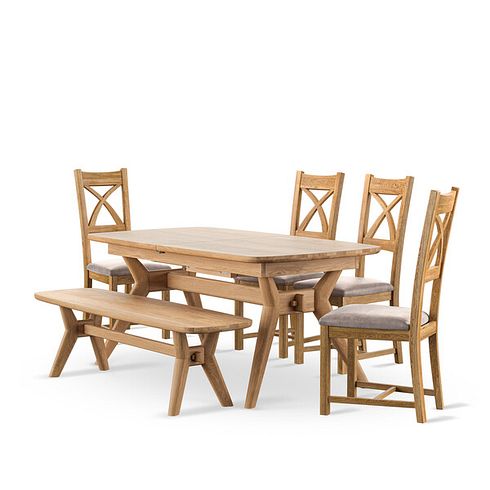 Bentley Natural Oak Extending Dining Table And 4 Cross Back Chairs with Heritage Mink Seat Pads and 1 Bentley Bench