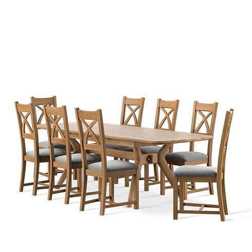 Bentley Natural Solid Oak Extending Dining Table And 8 Cross Backs in Verona Grey 