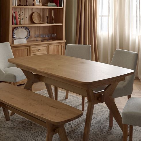 Bentley Natural Solid Oak Extending Dining Table with 4 Zola Chairs in Stone and 1 Bentley Bench