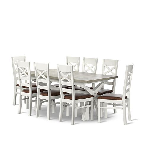 Brompton Dining Table + 8 Brompton Dining Chairs with Vintage Brown Leather Look Fabric Pads