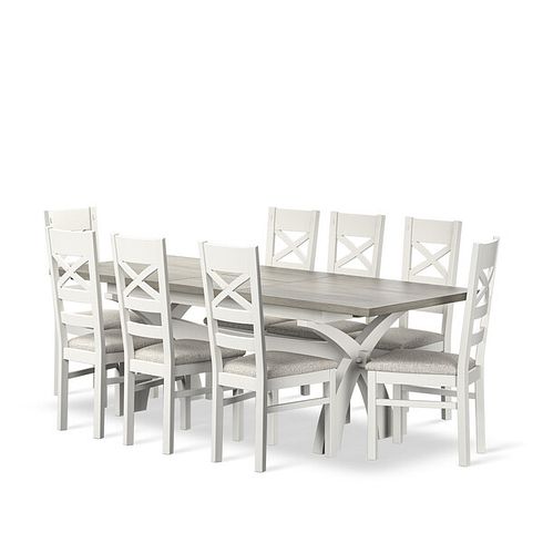 Brompton Painted Acacia and Ash Top Extending Dining Table + 8 Brompton Painted Acacia Dining Chairs with Plain Grey Fabric Seat Pads