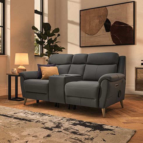 Brunel 2 Seater Recliner Sofa, Smart Screen & Speakers in Elephant Grey Leather
