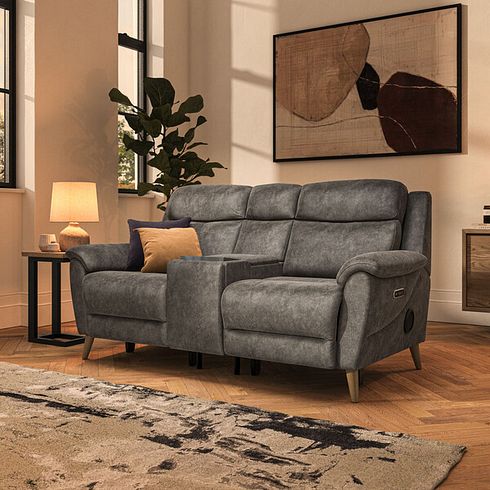 Brunel 2 Seater Recliner Sofa, Smart Screen & Speakers in Marble Mink Fabric