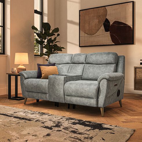Brunel 2 Seater Recliner Sofa, Smart Screen & Speakers in Marble Silver Fabric