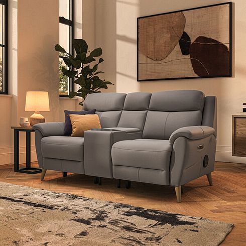 Brunel 2 Seater Recliner Sofa, Smart Screen & Speakers in Oyster Leather