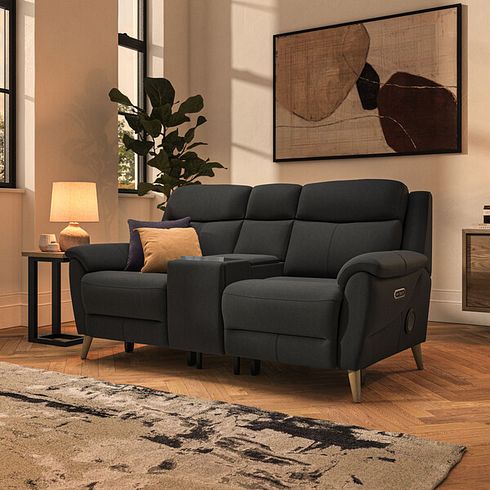 Brunel 2 Seater Recliner Sofa, Smart Screen & Speakers in Storm Leather