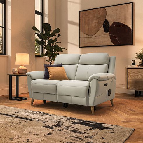Brunel 2 Seater Recliner Sofa with Speakers in Bone China Leather