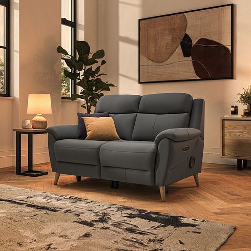 Brunel 2 Seater Recliner Sofa with Speakers in Elephant Grey Leather