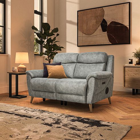 Brunel 2 Seater Recliner Sofa with Speakers in Marble Silver Fabric