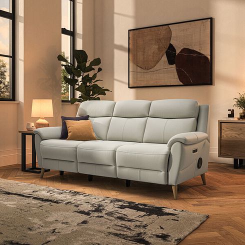Brunel 3 Seater Recliner Sofa with Speakers in Bone China Leather