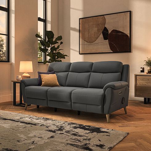 Brunel 3 Seater Recliner Sofa with Speakers in Elephant Grey Leather