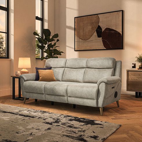 Brunel 3 Seater Recliner Sofa with Speakers in Marble Cream Fabric