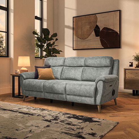 Brunel 3 Seater Recliner Sofa with Speakers in Marble Silver Fabric